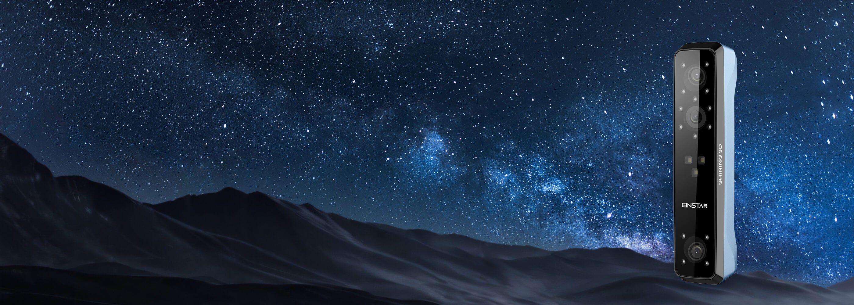 EINSTAR 3D Scanner homepage banner with the slogan 'Go ahead with EINSTAR', featuring the scanner against a starry night sky background.